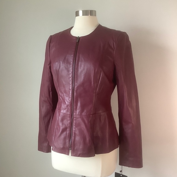 NEW Badgley Mischka Genuine Leather Peplum‎ Jacket Burgundy 67047 Size M - Picture 8 of 15